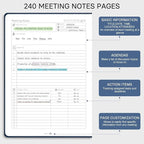 EMSHOI Meeting Notebook for Work with Sticky Tabs - 240 Pages, A4 Size Project Planner, PU Leather Meeting Agenda/Minutes Organizer for Women Men, Note Taking, Office & Business, 8.3"x11.7", Blue