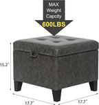 Adeco Small Faux Leather Storage Ottoman Bench with Wood Legs, 15.2" Square Mixed Grey PU Cube Foot Stool, Upholstered Button Tufted Vanity Chair with Hinged Lid for Living Room, Bedroom, Dorm