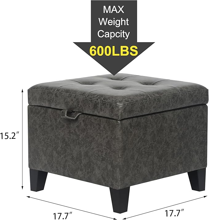 Adeco Small Faux Leather Storage Ottoman Bench with Wood Legs, 15.2" Square Mixed Grey PU Cube Foot Stool, Upholstered Button Tufted Vanity Chair with Hinged Lid for Living Room, Bedroom, Dorm