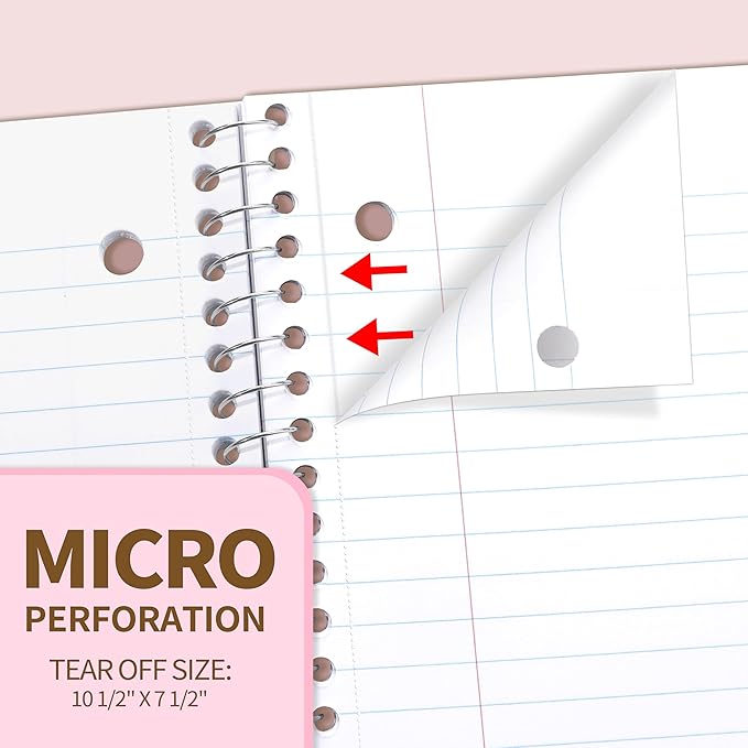 SUNEE Spiral Notebook, 1-Subject, College Ruled Paper, 8" x 10-1/2", 100 Sheets per Notebook, 3-Hole Punched Paper, Water Resistant Cover, Double-sided Pockets, Spiral Lined Notebooks for Work, Pink