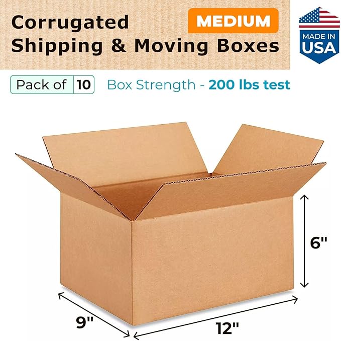 Medium Moving & Shipping Boxes 12x9x6 inches (10-Pack) - Extra Strength 200 lb vs Regular - Corrugated Packing Boxes for Moving Medium Volume - Strong Packaging Box - Carton Box by IDL Packaging