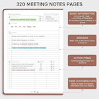 EMSHOI Meeting Notebook for Work with Action Items - 320 Pages B5 Thick Project Planner Agenda Organizer Work Notebook for Women Men Office Business, PU Leather Hardcover, 7.5" x 10", Dark Green