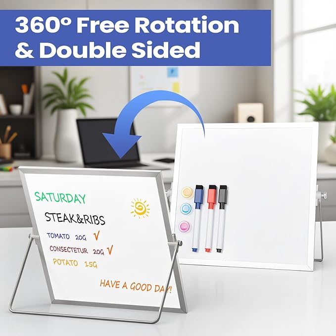 Lumspax Small Desktop White Board with Stand, 10" x 10" Double-Sided Silver Aluminium Frame Whiteboard for Kids, Mini Dry Erase Board for Home, Office, School