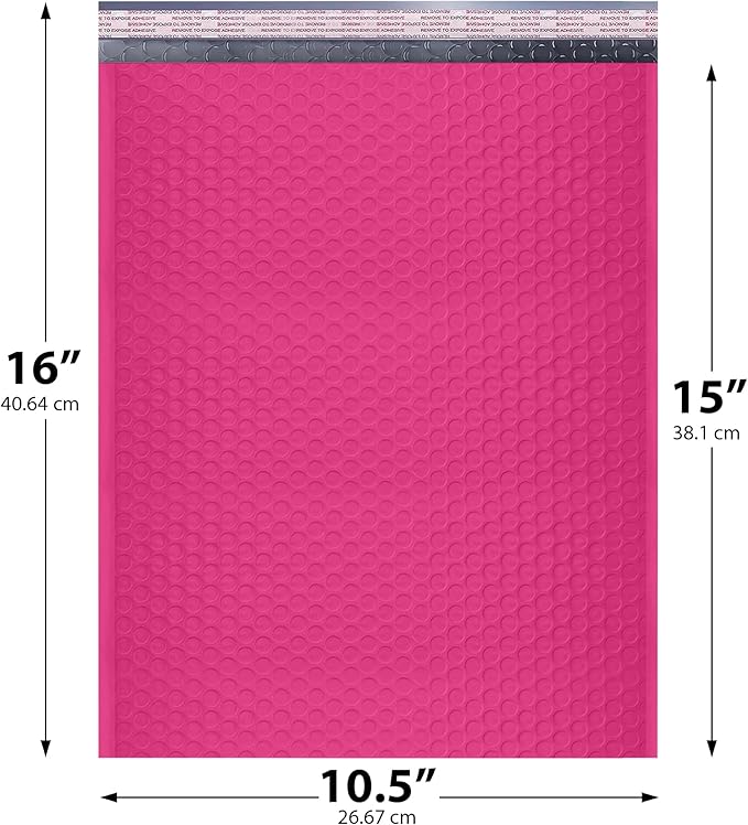 Hot Pink10.5x16 Inch Large Poly Bubble Mailers #5 | Padded Envelopes with Self Seal | Air Lined Cushioned Bubble Mailer | Usable Size 10.5x15 | 100 Pack Bulk | Lightweight shipping Bags