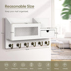 FifthQuarter Key and Mail Holder for Wall, Mail Organizer Wall Mount with 6 Hooks and Storage Drawer, Easy Installation Key Rack for Entryway and Home Decor (B-White)