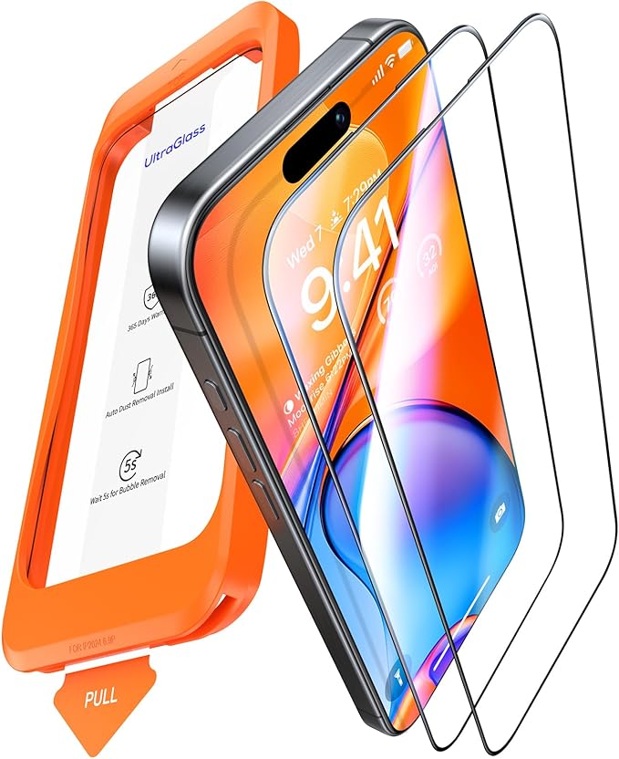 UltraGlass TOP 9H+ Armor for iPhone 15 Pro Screen Protector [NO.1 Military Grade Shatterproof] Screen Protector 15 Pro Tempered Glass Full Coverage [Longest Durable] Easy Installation, 2 Pack