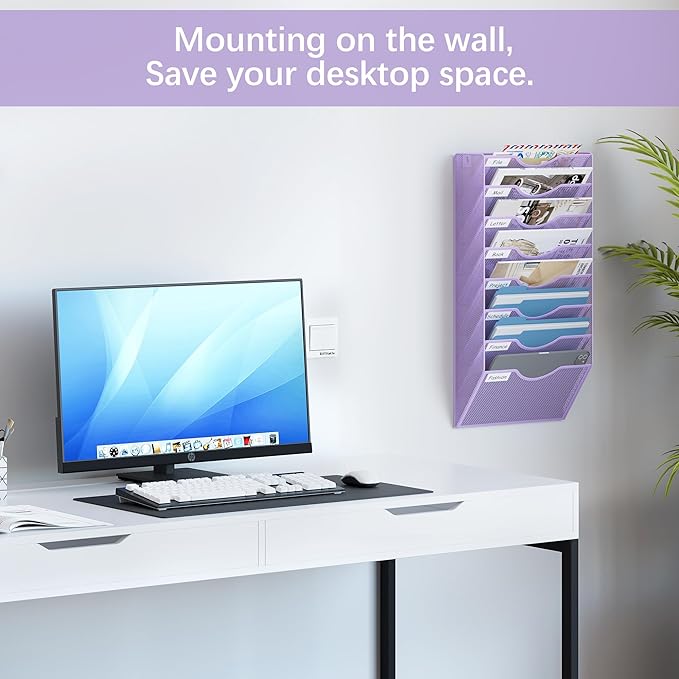 EasyPAG 8 Pocket Mesh Wall File Organizer, Hanging Paper Folder Holder with Classify Label, Vertical Wall Mount Mail Organizer for Office Home Classroom, Purple
