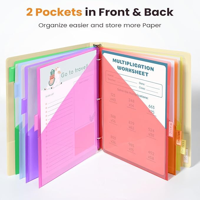 Sooez 48 Count Dividers with Pockets, 8 Tabs Binder Dividers for 3 Ring Binders, Binder Dividers with tabs, Binder Divider with Pockets for US Letter Size, Insertable Big Tabs, Multicolor, Set of 6