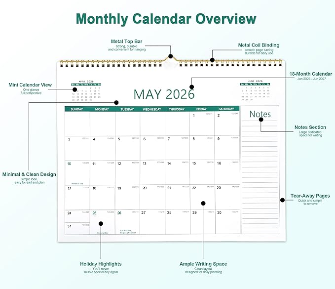 ANYZONE Desk Calendar 2026-2027, 18 Months Calendar from Jan. 2026 to Jun. 2027, 14.5" x 11.5" Desktop/Wall Monthly Calendar with Large Squares, Notes Section for Home, School, Office