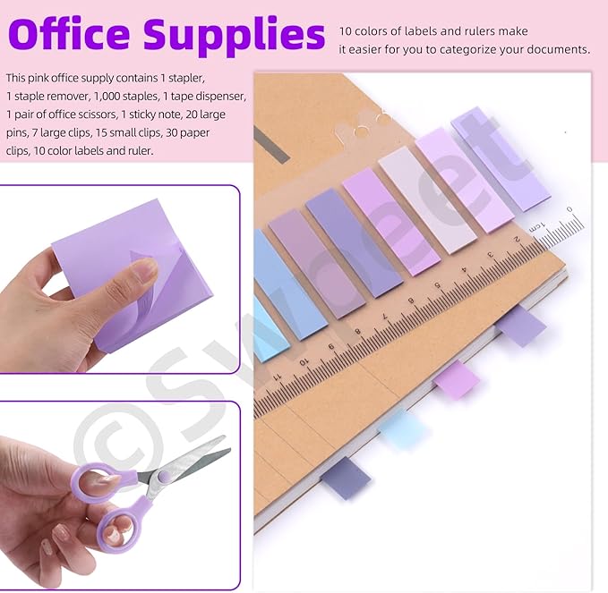 Swpeet 9Pcs Purple Office Supplies Kit, Desk Accessories Including Stapler, Tape Dispenser, Staple Remover, Tabs, Scissors, Staples, Tape, Clips and Sticky Note Ideal for Office and School