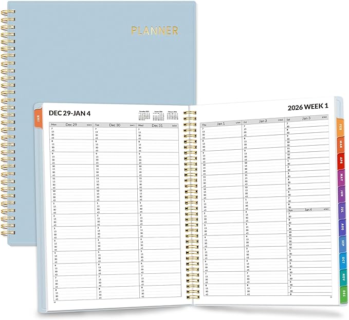 SUNEE 2026 Appointment Book, Quarter-Hourly, Weekly & Monthly - from January 2026 - December 2026, 8.5"x11" Weekly Planner, Flexible Cover, Note Pages, Pockets, Bookmark, Spiral Binding, Gray Blue