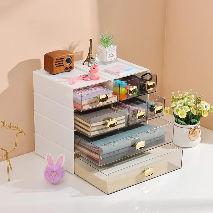 OSteed Spacious Desktop Storage Box, 2 Large Storage Drawers, Stackable Office Desk Drawer Organizer and Accessories, Printer Paper Organizer, White Plastic Drawers for Workspace