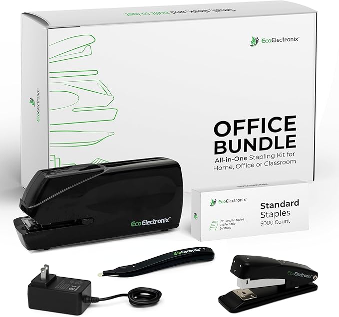 EcoElectronix Portable Stapler Bundle - 30 Sheet Capacity, Quiet Operation, Jam-Free and Easy Reload - AC Adapter/Battery Powered