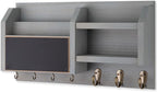 Lwenki Mail and Key Holder – Wall Mount Key Hanger with Shelf and 7 Metal Hooks – Decorative Natural Paulownia Wood Entryway Organizer with Mounting Hardware (16.5”W x 8.7”H x 3.5”D) (Gray)