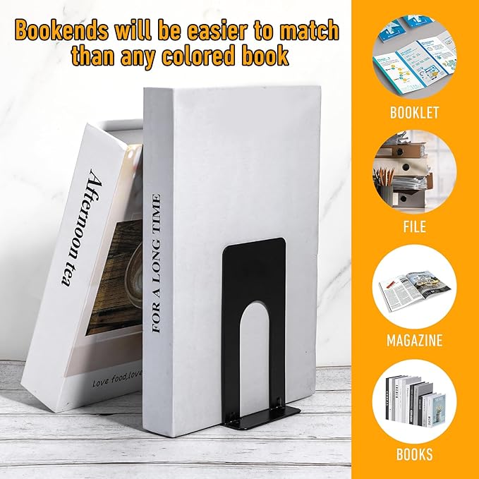 10 Pairs Metal Book Ends for Shelves, Heavy Duty Bookends for Office Home Kitchen Decorative, Nonskid Book Ends to Hold Heavy Books Black