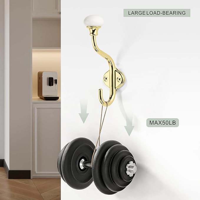 TUNNY Coat Hooks - 5 Pack Polished Gold Towel Hooks Robe Hooks Decorative Wall Hooks for Bathroom Bedroom Kitchen Towel Robe Clothes Cabinet Closet Bathroom Hardware