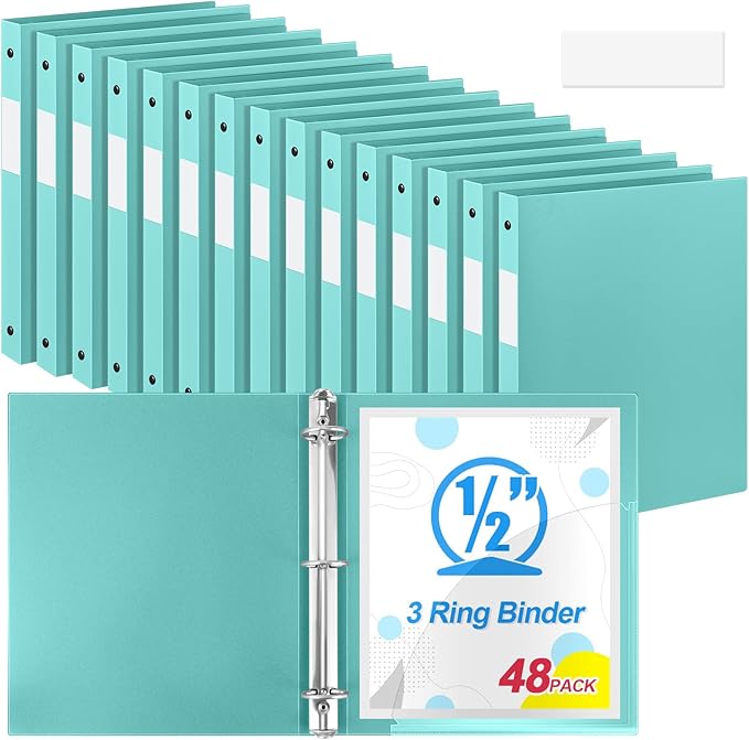 Henoyso 48 Pcs 3 Ring Binder 0.5 Inch Round Fits Letter Size 8.5'' x 11'' Paper Plastic Flexible Binder Bulk Holds 140 Sheets with 1 Pockets Versatile Organizer for Home Office School (Mint Green)
