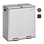 SONGMICS Trash Can, 2 x 8 Gallon (2 x 30 L) Double Garbage Can with Soft-Close Lids, Removable Inner Buckets, Pedals, Stainless Steel, for Waste and Recycling, Metallic Silver ULTB743E01