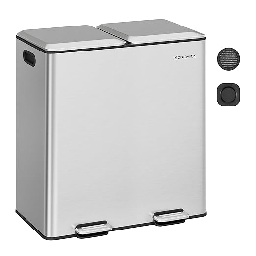 SONGMICS Trash Can, 2 x 8 Gallon (2 x 30 L) Double Garbage Can with Soft-Close Lids, Removable Inner Buckets, Pedals, Stainless Steel, for Waste and Recycling, Metallic Silver ULTB743E01