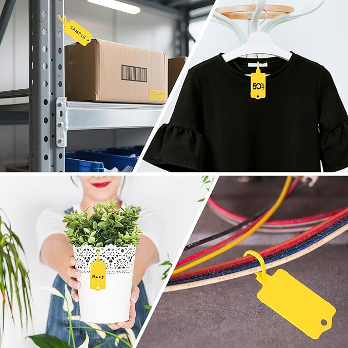 LeonBach 100 PCS Plastic Shipping Tags, 1.46" x 2.48", Waterproof Labels Writable Hanging Tag with Sealing Strap, Shipping Cable Tie Label Tags for Keys Luggage Logistic Retail Inventory(Yellow)