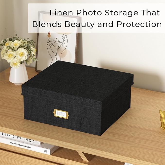 Decorative Photo Storage Box - Linen Photo Box Organizer with Dividers, Fits Holds Up to 1700 Pictures and 4x6 Photos, Memory Keepsake Organizer for Photos, Scrapbook Supplies, Cards, Stamps (Black)