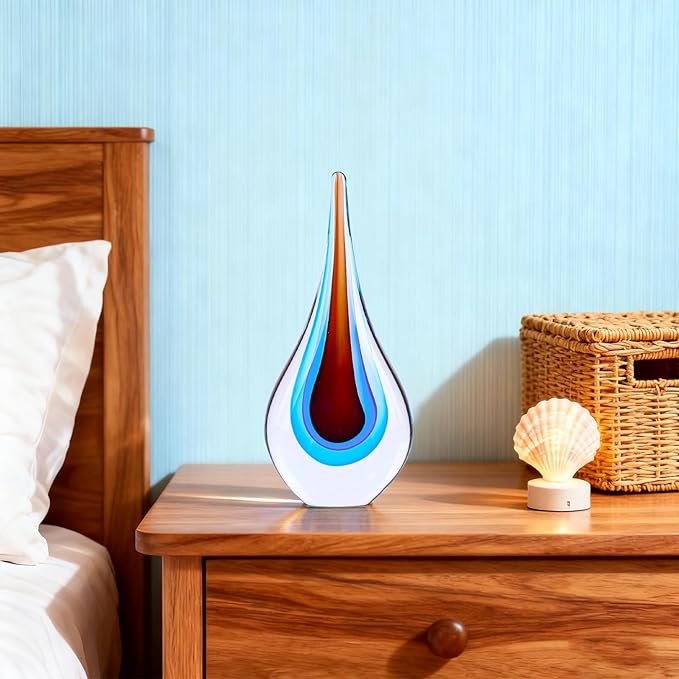 9" Tall Sculpture Hand Blown Glass Decor, Paperweight for Office Desk, Modern Glass Art Figurines Mediterranean Beach House Decor, Living Room Coffee Shelves Table Top Decoration (Red Blue)