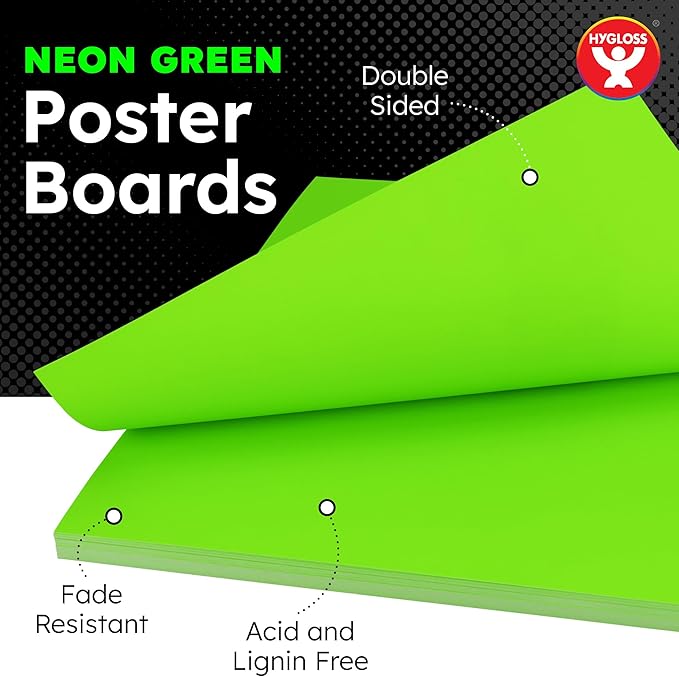 Hygloss Large Poster Board 22x28 - 25 Neon Green Single Color Poster Boards Bulk Pack - 10 Pt. Thickness Colored Poster Board Paper for Projects, Signs, Displays - Posterboard Multipack 22" x 28"