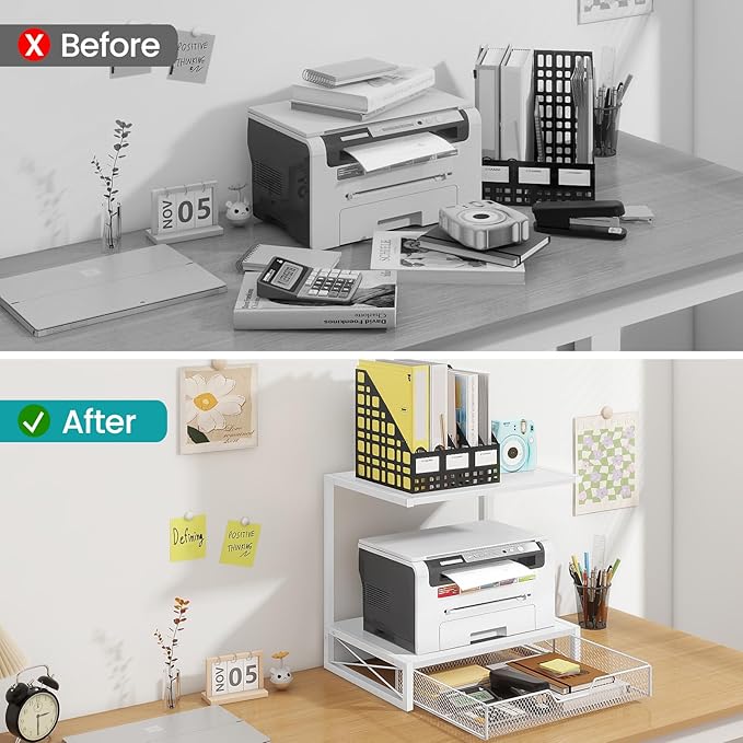 ELITEROO Printer Stand for Desk with Storage Drawer, 2 Tier Desktop or Under Desk Shelf, Wood Desktop Organizer for Home Office, Fits 3D Printer, Scanner, Fax Machine, Cricut, White