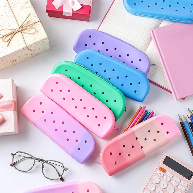 Bulyoou 12 Pcs Small Silicone Pencil Pouch Bulk Colorful Silicone Waterproof Pencil Case with DIY Holes Rubber Aesthetic Portable Makeup Bag Pen Storage Organizer for Women Travel Office Supplies