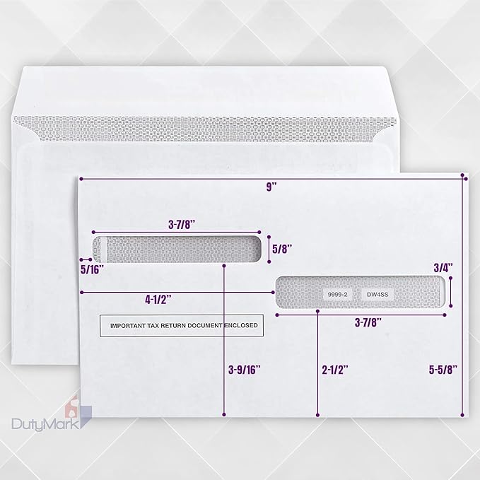 50 W2 Tax Envelopes, For 4-Up Style W-2 Tax Forms 50 pack Gum Seal Security Double Window W2 Envelopes