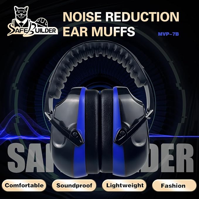 SAFEBUILDER Ear Muffs Noise Reduction SNR 33dB Adjustable Lightweight Safety Earmuffs Sound Proof Noise Cancelling ANSI