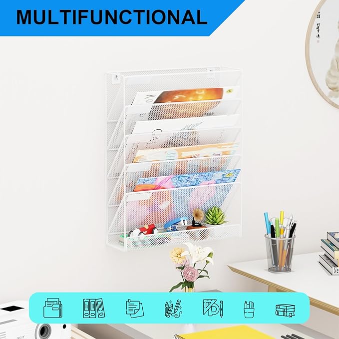 GDINDINFAN Wall File Organizer Holder Mesh Hanging Paper Document Holder,Vertical 6 Pocket Tier for Office Home, White