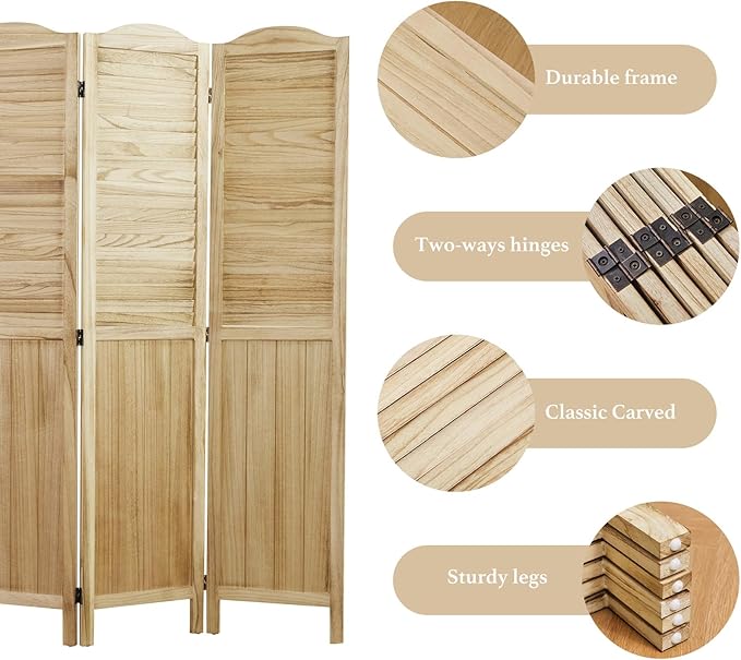 Room Partitions and Dividers, 68.9 Inch Temporary Wall with Double Hinges, Wooden Louver & MDF Stable Screens for Home Office Bedroom Coffeehouse Decoration (6 Panels, Wood Color)