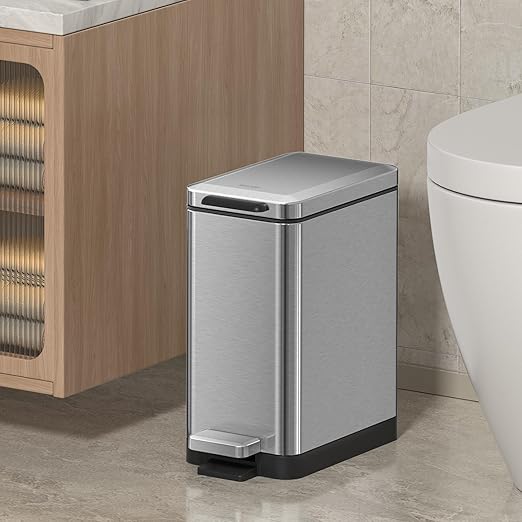 Mbillion Bathroom Trash Can with Lid Slim Stainless Steel Small Bathroom Garbage Can 10 Liter, 2.6 Gallon Soft Close, Step Pedal, Slim Wastebasket for Toilet, Office, Bedroom, Brushed Silver