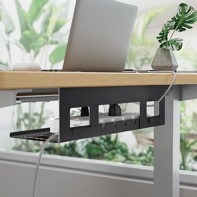 PEGZONE Under Desk Cable Management Tray, 15.7 Inches Metal Cord Organizer Rack, Desk Tray for Power Strip, Cord, Wire, Easy Mounting Cable Management Under Table for Home Office, Black