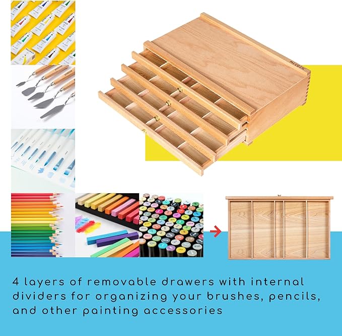 MEEDEN 4-Drawer Artist Supply Storage Box - Portable Foldable Multi-Function Beech Wood Artist Pencil & Brush Storage Box with Drawer & Compartments for Pastels, Pencils, Pens, Brushes, Stamp