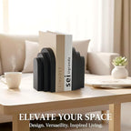 LIN CHUAN Heavy Duty Book Ends for Shelves, Decorative Bookends for Heavy Books Set of 2, 6.6 LBS Modern Book Stopper for Home Decor, Bookshelf, Aesthetic Bookend with Layered Arch Design, Black