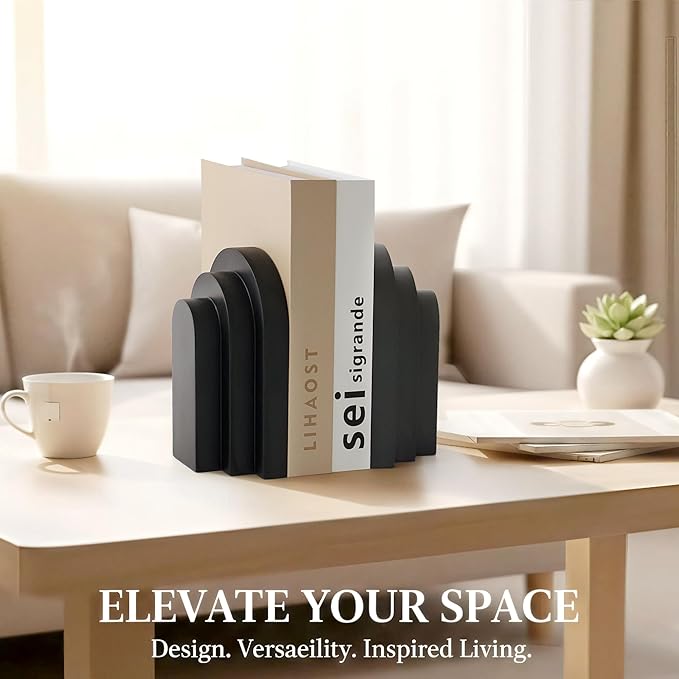 LIN CHUAN Heavy Duty Book Ends for Shelves, Decorative Bookends for Heavy Books Set of 2, 6.6 LBS Modern Book Stopper for Home Decor, Bookshelf, Aesthetic Bookend with Layered Arch Design, Black