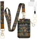 bolimoss Bookshelf Lanyard Wallet for Women Teacher, Goth Skull Leathe RFID Small Keychain Wallet Credit Card Holder Breakaway Wrist Neck Strap for Key Name Tag