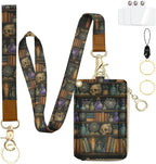 bolimoss Bookshelf Lanyard Wallet for Women Teacher, Goth Skull Leathe RFID Small Keychain Wallet Credit Card Holder Breakaway Wrist Neck Strap for Key Name Tag