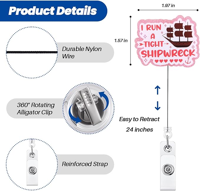 I Run A Tight Shipwreck Funny Badge Reel | Retractable ID Card Badge Holder | Name Tag Medical Work Badge Clip for RN LPN CNA MA ER Night Shift Nurse Nursing Student Doctor Gifts | Alligator Clip