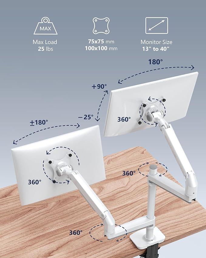 Ergounion Premium Dual Monitor Stand for Desk, High-Grade Aluminum Stacked Monitor Arm with Heavy-Duty Mechanical Spring, Adjustable Vertical Double Monitor Mount for 13-40 inch Screens, White