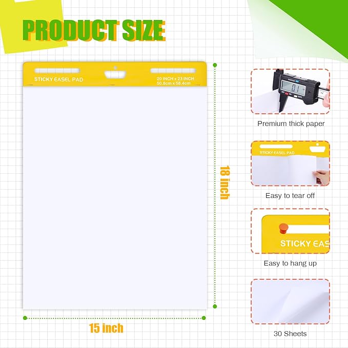 ReliThick 8 Pads Premium Sticky Easel Pad, 20 in x 23 in, White, 30 Sheets/Pad, Anchor Chart Paper for Teachers, Flip Chart Paper with Sticky, Large Self Stick Flip Chart Paper, Sticking Power