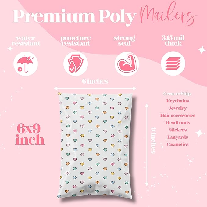 Pretty Package Store 6x9 Designer Poly Mailer 100 Pack Heavy Duty Waterproof Self Seal Shipping Bags for Small Business Large Mailing Envelopes Bulk Tear Resistant Packaging Preppy Hearts