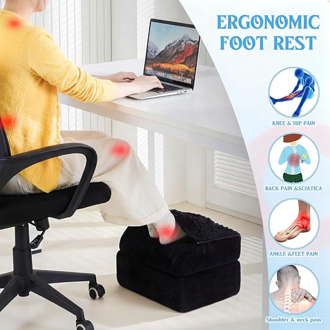 Novabright Foot Rest Under Desk at Work with 3 Adjustable Height, Non-Slip Ergonomic Foot Stool with Gel Top and Warm Pocket for Home Office Car Leg Back Rest(15" X 11" X 14.4",Cambered,Black)