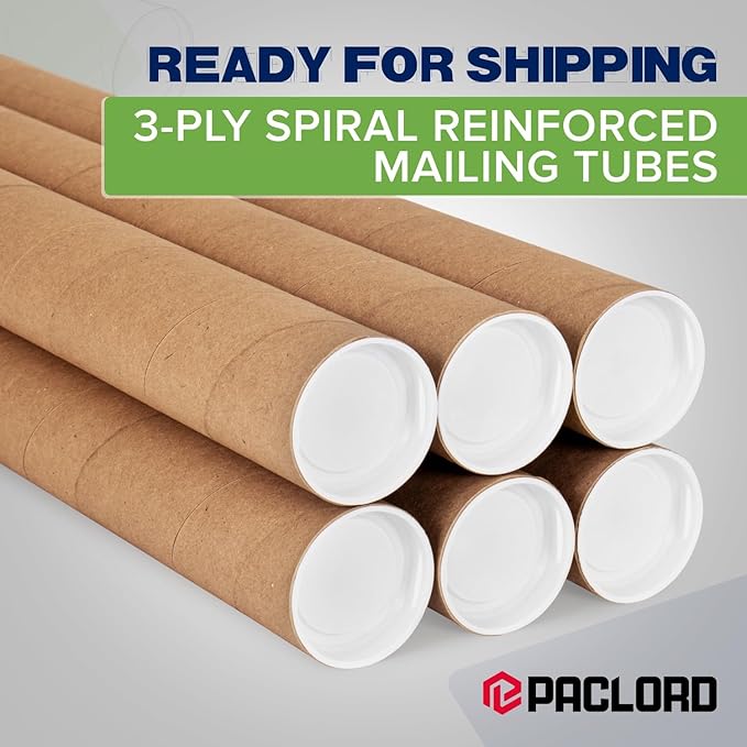 Paclord 2" x 18" Reinforced Kraft Paper Mailing Tube, Pack of 2 Tubes with 4 Caps – Secure USPS Approved Poster Tube – Cardboard Tube for Shipping and Storing Posters, Prints, Artwork, or Documents