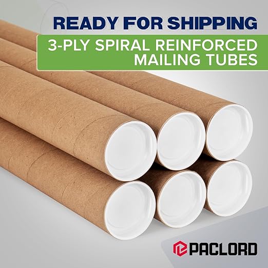 Paclord 2" x 48" Reinforced Kraft Paper Mailing Tube, Pack of 4 Tubes with 8 Caps – Secure USPS Approved Poster Tube – Cardboard Tube for Shipping and Storing Posters, Prints, Artwork, or Documents