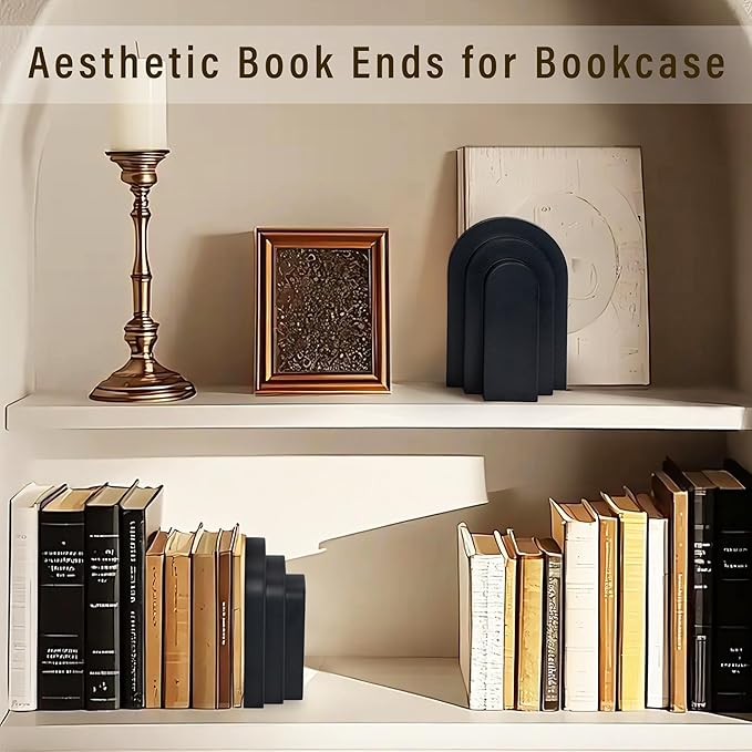 LIN CHUAN Heavy Duty Book Ends for Shelves, Decorative Bookends for Heavy Books Set of 2, 6.6 LBS Modern Book Stopper for Home Decor, Bookshelf, Aesthetic Bookend with Layered Arch Design, Black
