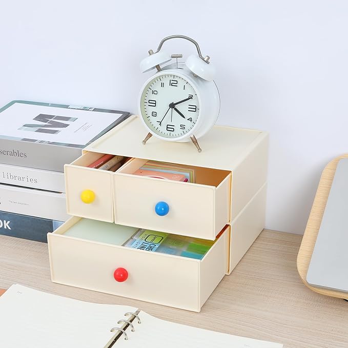 OSteed Desktop Drawers, Desk Organizer with 2 Drawers & Dopamine Handles, Stackable Plastic Storage Box for Home Collection, Cosmetics, Office Supplies (1 Tall Layer, Cream)