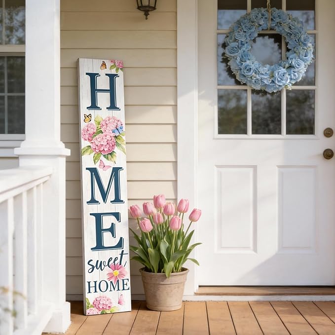 Home Sweet Home Welcome Sign for Front Porch, 47" Wood Framed Porch Sigh Spring Hydrangea Flower Decorations with Hanging Rope, Farmhouse Yard Signs Home Decor for Outdoor Patio Easter Gift